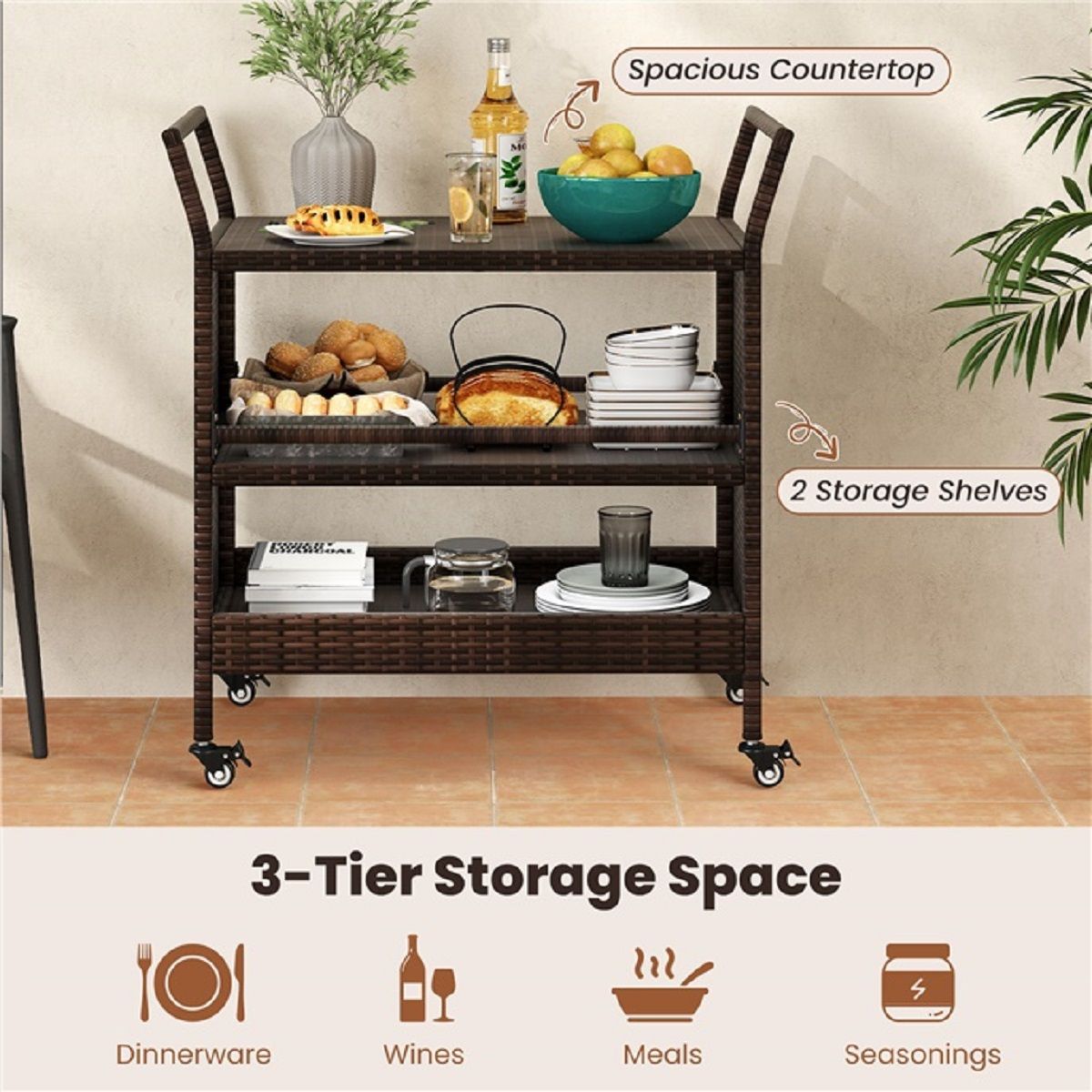 Coast Buitenbarwagen - 3 lagen - Rattan met vergrendelbare wielen - Bruin - 86 x 50 x 89 cm