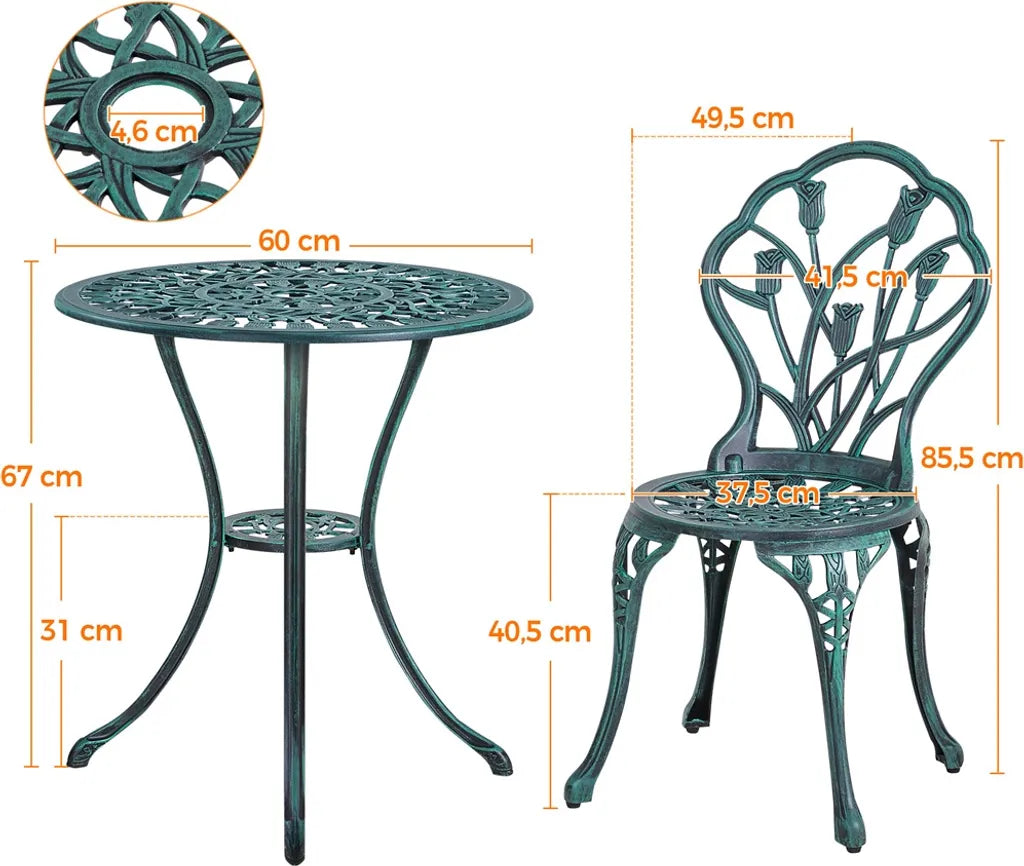 Yaheetech 3-delige Bistroset Tuin - Groen - Aluminium Tuinset met 2 Stoelen en Tafel met Parasolgat