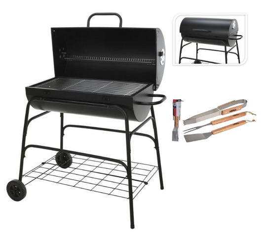 BBQ Houtskoolbarbecue - Cilinder - Op wielen - 77x97cm INCL Grillgereedschap