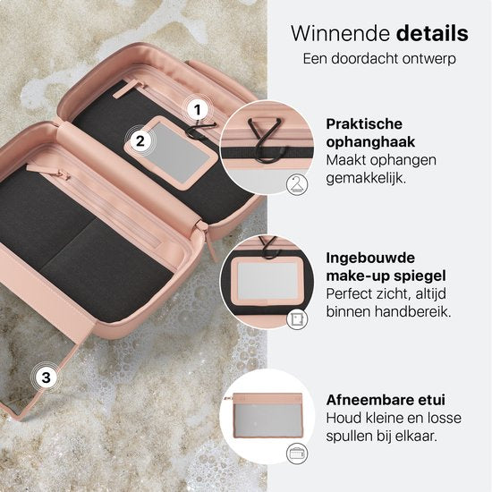 ONYX Toilettas Roze - Make Up Tasje - Cosmetica Organizer - Slimme Indeling - Make-Up Spiegel - Hangbaar - Dames en Heren - Maat: M