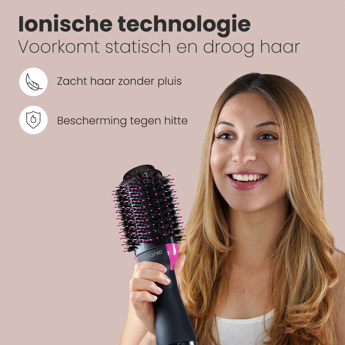 Auronic 3-in-1 Föhnborstel - Keramische Magic Brush - Airstyler - Lang/Stijl/Krullen - 1000W - Zwart/Roze