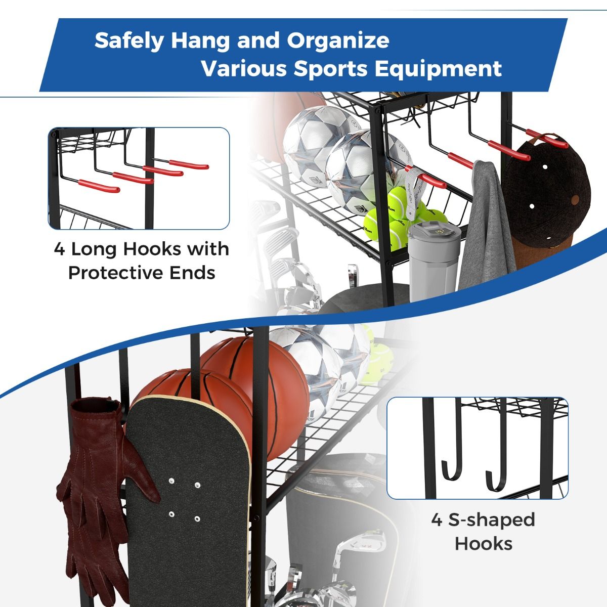 Coast Sportartikelenorganizer - met wieltjes - 4 haken - extra rek voor rackets - zwart 132 x 40,5 x 194 cm