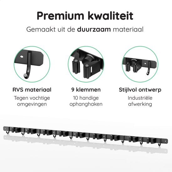 Volcan Bezemhouder - Bezem Ophangsysteem Tuingereedschap - 9 Houders 10 Haken - Zelfklevend 3M Tape - Gereedschapshouder - RVS Zwart