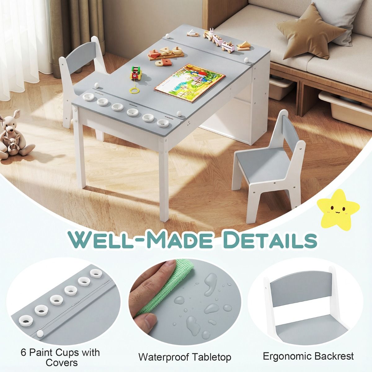 Coast Kindertafel en Stoelenset - 2-in-1 tekentafel met opbergruimte en papierrol - grijs