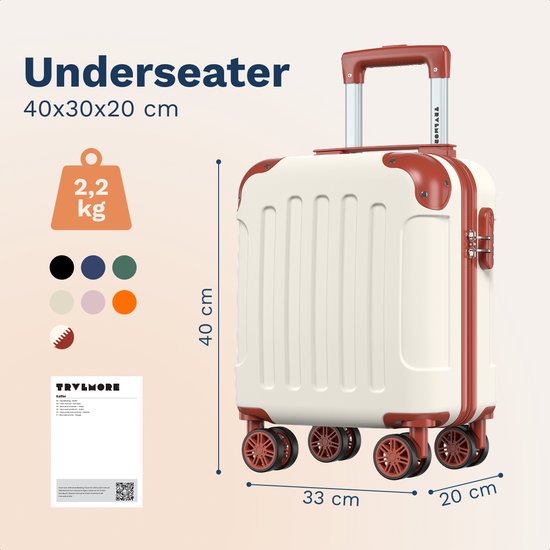 TRVLMORE Handbagagekoffer - 40x30x20 cm - Underseater - 24L - Cijferslot - 4 Wielen - Wit/Beige