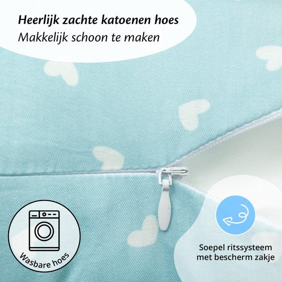EL-Life Voedingskussen – Zwangerschapskussen – 100% Katoen – Afneembare Wasbare Hoes – Blauw met Witte Hartjes