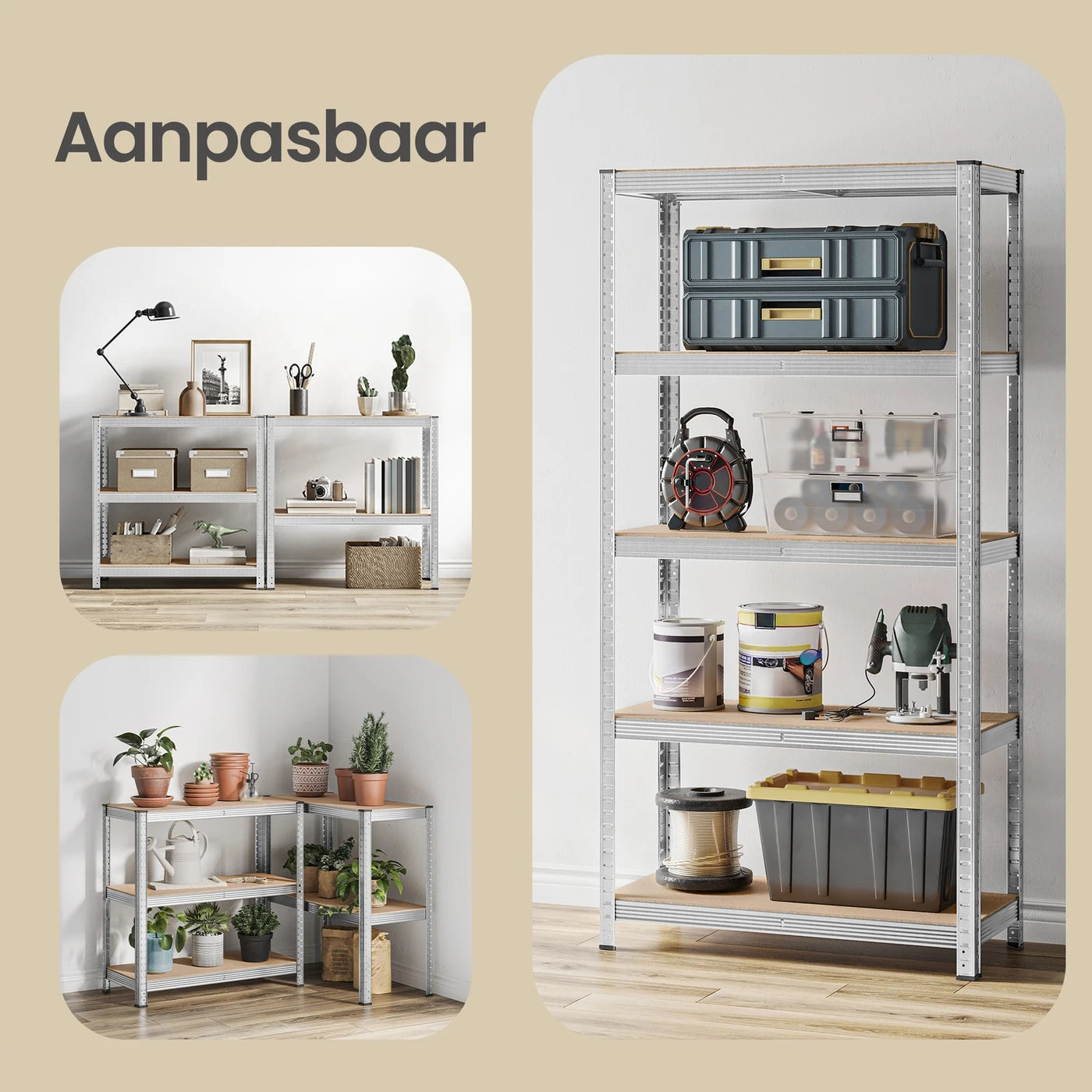 Ochama Stellingkast Set van 2 - 5 Niveaus - 90 x 40 x 180 cm - 175 kg per Plank - Staal en MDF - Zilver