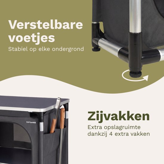 TRVLMORE Campingkast XL - Campingkeuken - 90KG Draagvermogen - Aluminium Frame - Inklapbaar - Incl. Draagtas - 50x60x97CM - Grijs
