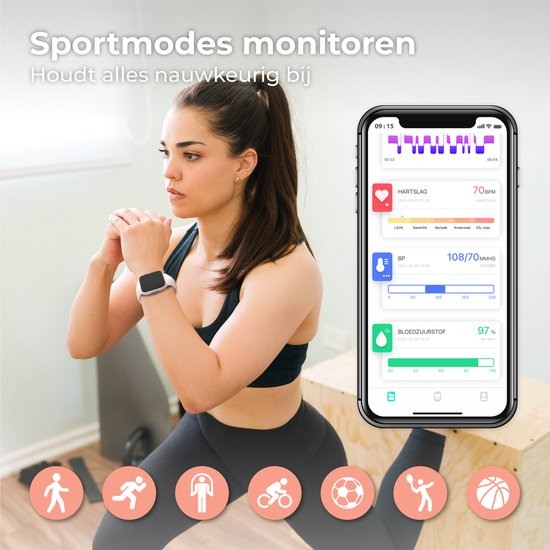 Nuvance - Smartwatch Heren & Dames met Bluetooth - 45mm - Geschikt voor alle Smartphones - Stappenteller en Hartslagmeter - Waterdicht - Lichtroze
