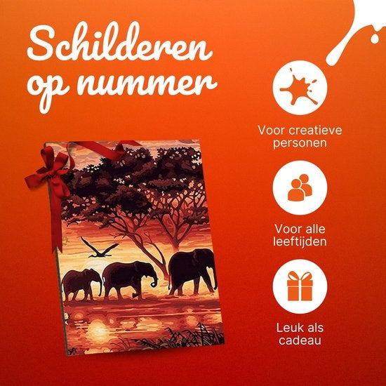 Schilderen op Nummer Olifanten Familie – 40x50 cm Canvas – DIY Schilderpakket voor Volwassenen