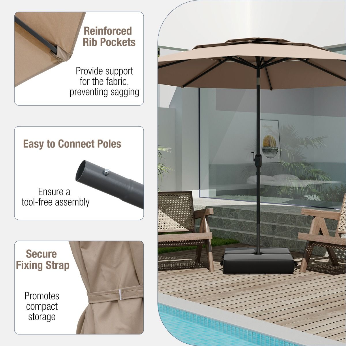 Coast Lichtbruine Tafelparasol 300 cm – 3-Lagen Zonnescherm met Kantelmechanisme en Handslinger – Tuinparasol met 8 Ribben en Geventileerde Kap