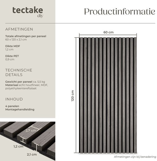 tectake® Akoestische Panelen - Set van 4 - Akoestisch Wandpaneel - 60 x 120 cm - 2,88 m² - Wandpanelen met Aanpasbare Grootte - Lattenwand van MDF en Houtfineer - Geluidsisolatie - Stijlvolle Wanddecoratie - Eenvoudige Montage - Eiken Lichtgrijs