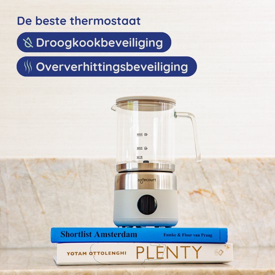 Safecourt Kitchen Glazen Melkopschuimer - Elektrische melkopschuimer - Glazen kan & PFAS-vrij - Vaatwasserbestendig - Beige