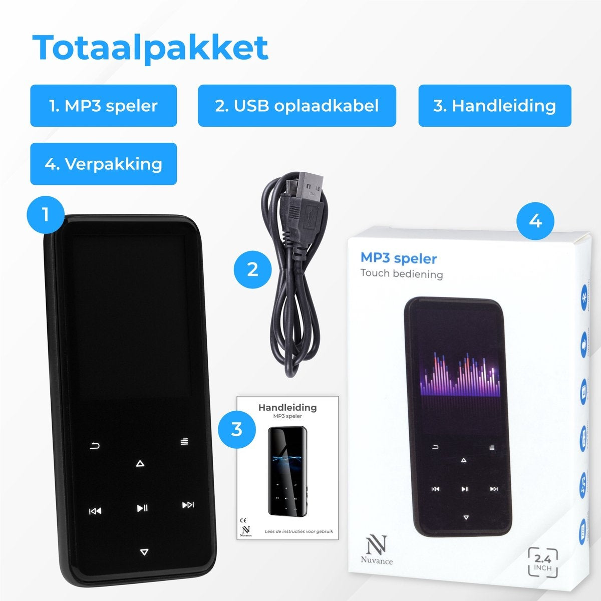 Nuvance - MP3 Speler Bluetooth - 16GB intern geheugen - Ondersteuning tot 128GB - Voice Recorder Digitaal - met FM Radio - Zwart