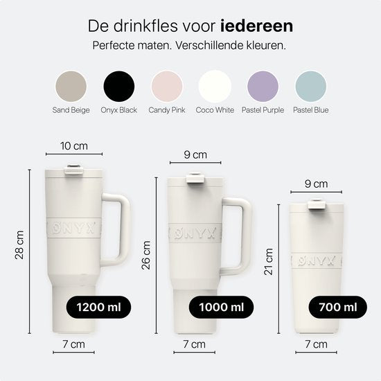 ONYX Drinkfles met Rietje 700ML - Waterfles voor Kinderen & Volwassenen - Thermosbeker RVS Travel Mug - Motiverende Drinkbus - Drinkbeker voor School - Coco White