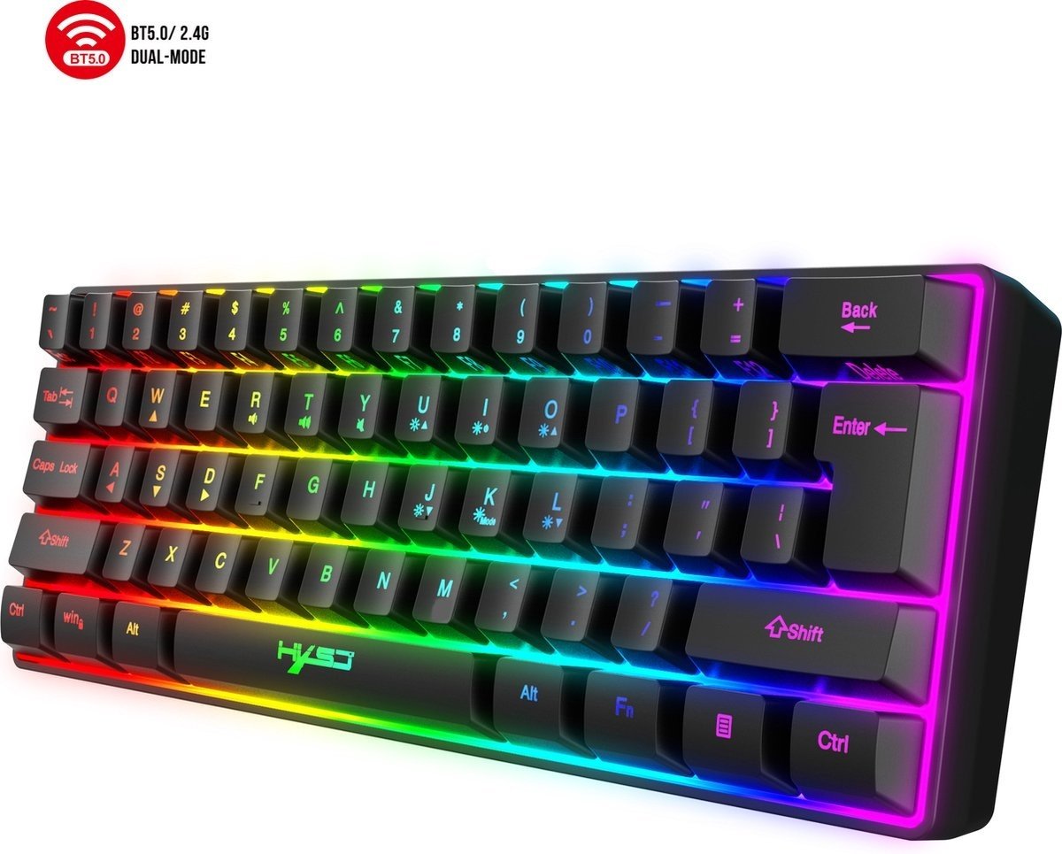 HXSJ L500 2.4GHz Membraan Draadloze Gaming Toetsenborden - RGB Bluetooth Toetsenbord - Tri modes - 61keys - Qwerty - Zwart