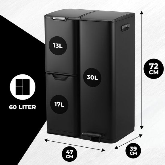 Bayt Prullenbak - Prullenbak 60 Liter - Vuilnisbak 60 Liter - Pedaalemmer 60 Liter - Prullenbak Afvalscheiding - Prullenbak 3 Vakken - Afvalbak - RVS - Zwart