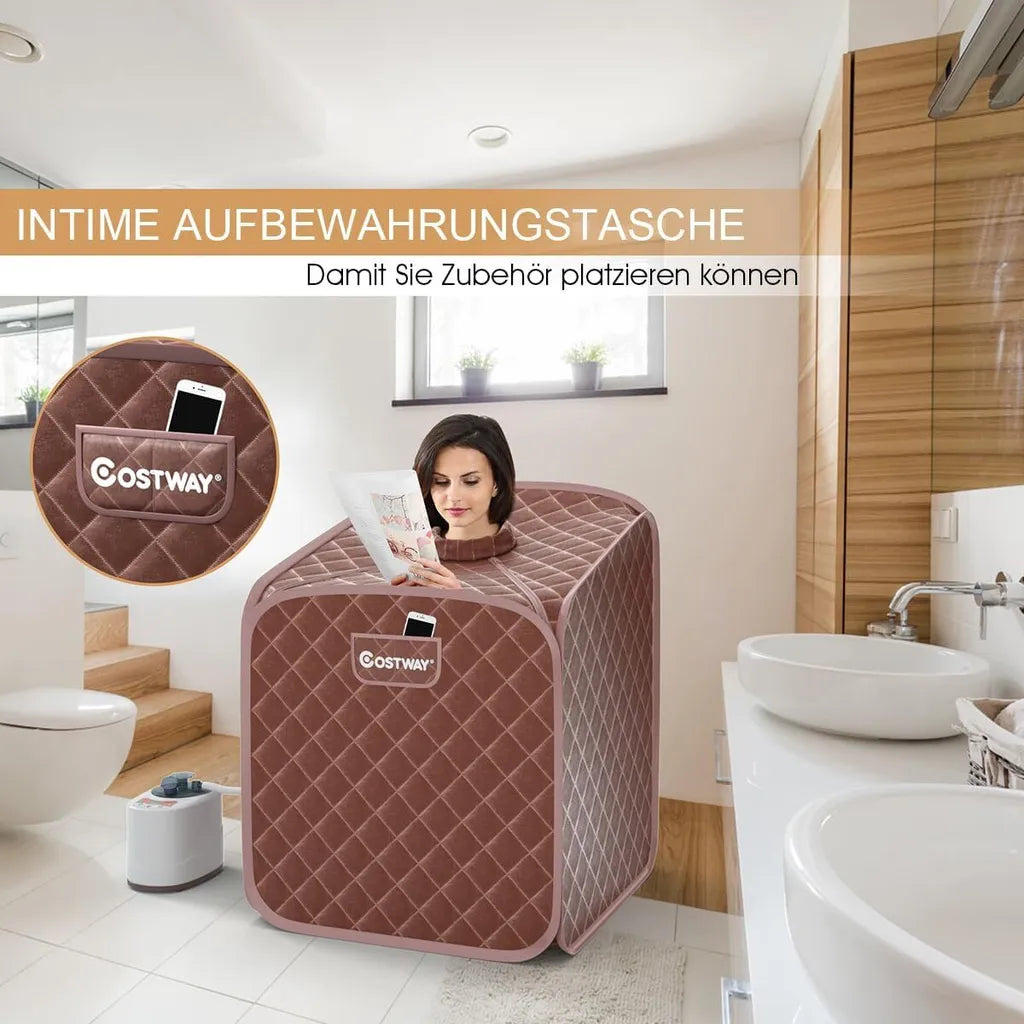 Coast Mini Stoomsauna 2 Liter - Opvouwbare Thuissauna met Afstandsbediening, Timer, 9 Temperatuurstanden en Stoel - Bruin