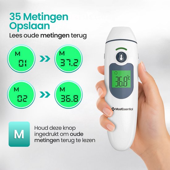 MostEssential 2-in-1 Digitale Koortsthermometer - Oorthermometer – Thermometer Voorhoofd & Lichaam - Koortsthermometer voor Volwassenen, Kinderen en Baby's - Contactloos - IR30