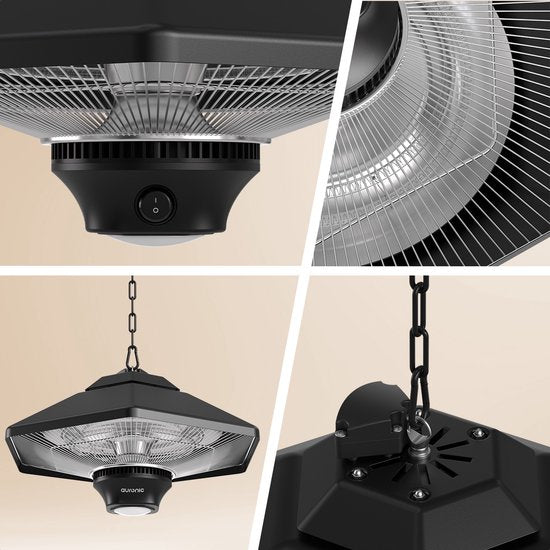 Auronic Terrasverwarmer - Infrarood Verwarming - Hangend - 20m2 - Elektrisch - 2000W - Afstandsbediening - 3 Standen - Zwart