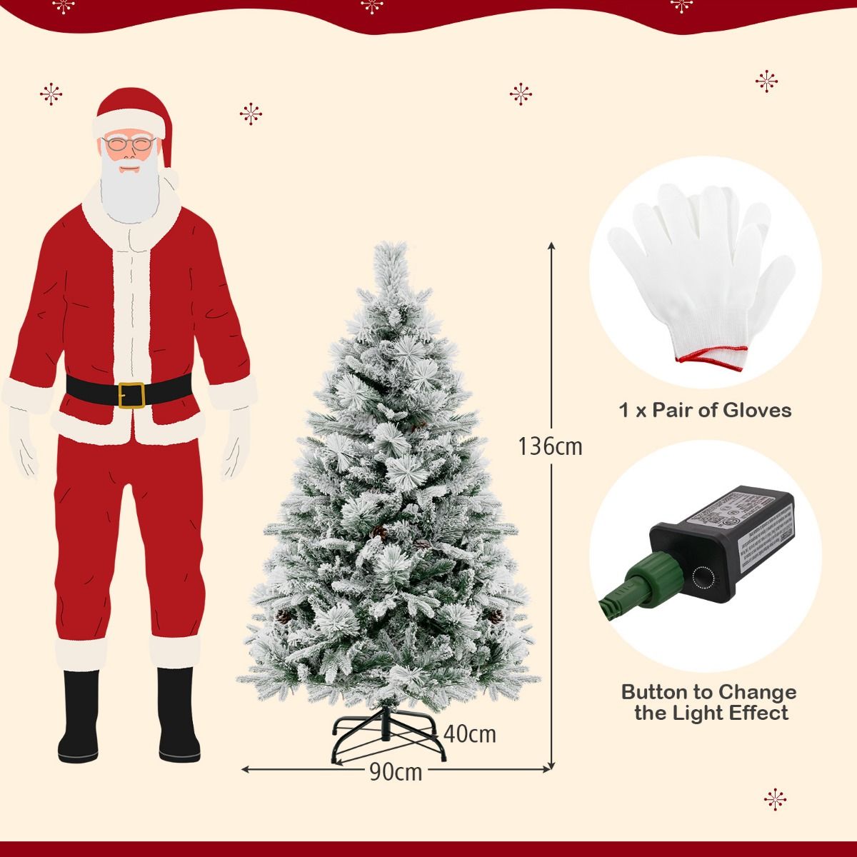 Coast Kunstkerstboom 136 cm – Besneeuwd met Kegels – 160 LED Verlichting – 472 Takken – Groen/Wit