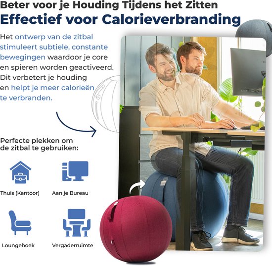 Backerz Zitbal 65 CM - Zitballen met Hoes Linnen - Ergonomische Bureaustoel Kantoor en Thuis - Luxe Yoga Bal - Rood