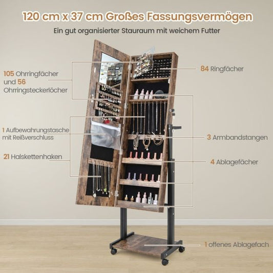 Coast Sieradenkast Bruin – 4-in-1 Spiegelkast op Wielen met 3-Kleuren LED en Verstelbare Hoogte – 46 x 35 x 155-175 cm
