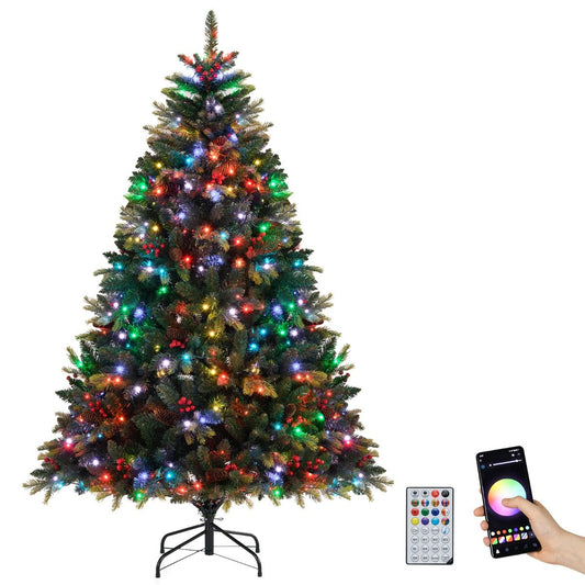 Coast 180 cm Kunstmatige Kerstboom Groen – Voorverlicht met 370 RGB-lampjes – APP-gestuurd – Met Kegels en Rode Bessen