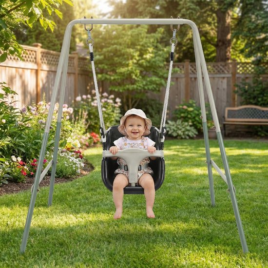 AXI Enkele Metalen 2-in-1 Schommel in Groen/crème – Meegroeischommel - Vrijstaande schommelset met kunststof schommelzitje en babyzitje - Schommelset voor kinderen