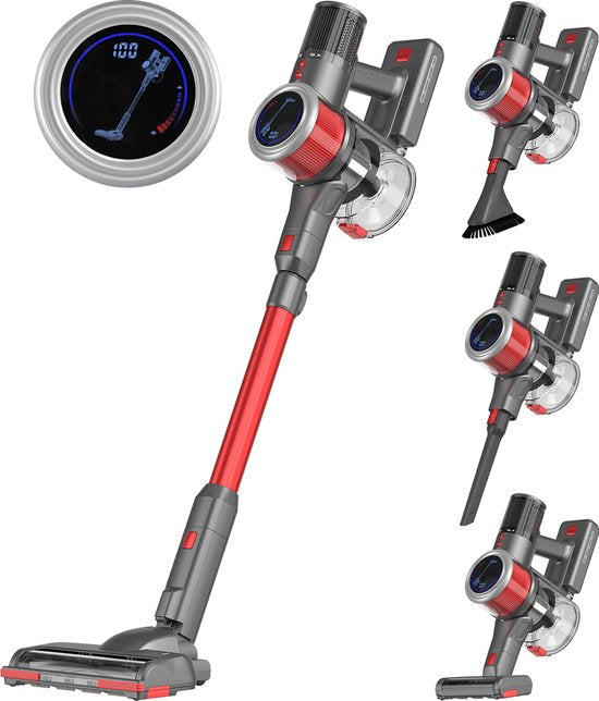 Auronic Steelstofzuiger - Draadloos - Zelfstaande Stofzuiger - Zonder Zak - 350W - Vacuum Cleaner - Grijs/Rood