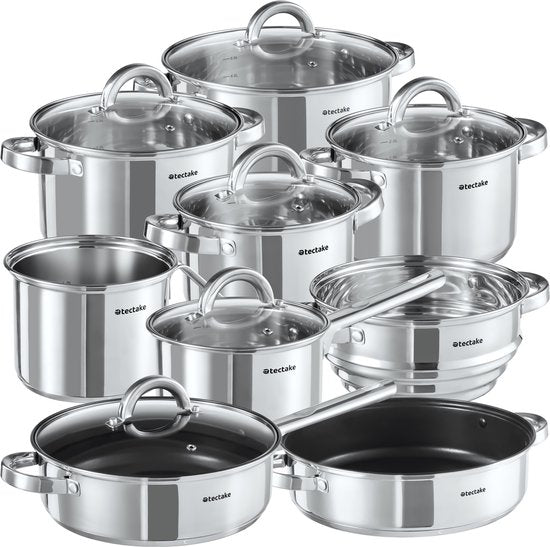 tectake® Pannenset - RVS - Geschikt voor inductie, gas en elektrisch koken - 15-delig - Vaatwasmachinebestendig - Voor thuis of camping - Pannen met deksels