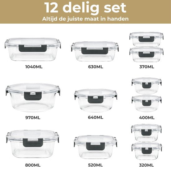 Stosh Vershoudbakjes - Meal Prep Bakjes - Diepvriesbakjes - Glas - 12 Stuks - BPA vrij
