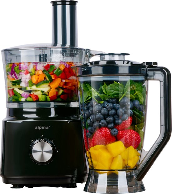 alpina 3-in-1 Foodprocessor, Blender en Smoothie Maker - Keukenmachine Multifunctioneel - Groentesnijder - Hakmolen - 2L - BPA-Vrij - Vaatwasserbestendig - FP413GS - Zwart