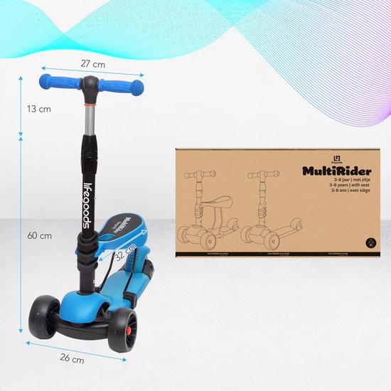 LifeGoods MultiRider Kinderstep - Step 3-8 Jaar - Verstelbaar Zitje - Lichtgevende Wielen - Jongens/Meisjes - Blauw