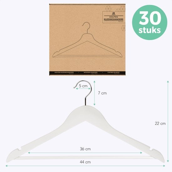 LifeGoods Kledinghangers - Met Broeklat - Hardhout - Wit - 30 Stuks
