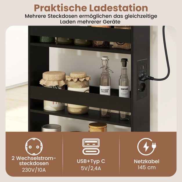 Coast Smalle Opbergwagen met Laadstation – 47,5 x 13 x 80,5 cm – Zwart