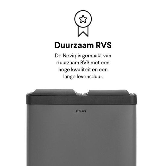 Homra NEVIQ Pedaalemmer 60 Liter - Grijze Prullenbak Afvalscheiding met 2 vakken - 2x30 L - 2-vaks Afvalemmer 60 Liter - Pedaal Vuilbak - Hygiënisch Afval scheiden - Grijze Duo Prullenbak - Dubbele Vuilnisbak