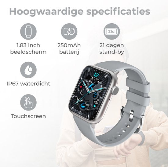 Nuvance - Smartwatch Heren & Dames met Bluetooth - 45mm - Geschikt voor alle Smartphones - Stappenteller en Hartslagmeter - Waterdicht - Grijs