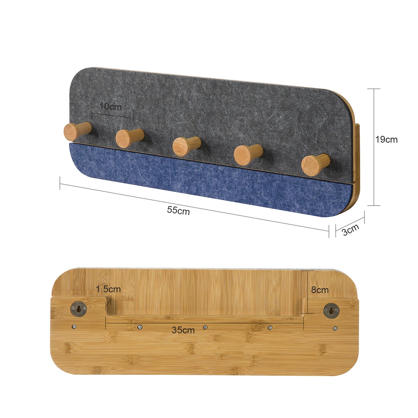 SoBuy Wandkapstok met 5 Haken - Bamboe en Vilt - Kledingrek Hal - 55x19x3cm