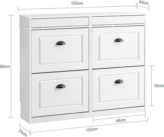 SoBuy FSR79-WG Schoenenkast met 4 kleppen, schoenenkast, entree, schoenenkast, schoenenrek, 16 paar, voor hal, entree, 103 x 23 x 82 cm, antiek houteffect, wit