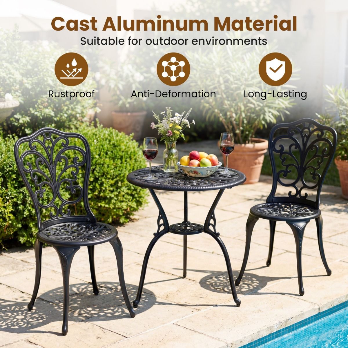 Coast 3-delige bistroset - gegoten aluminium - parasolgat - vlinderrugleuningen - zwart