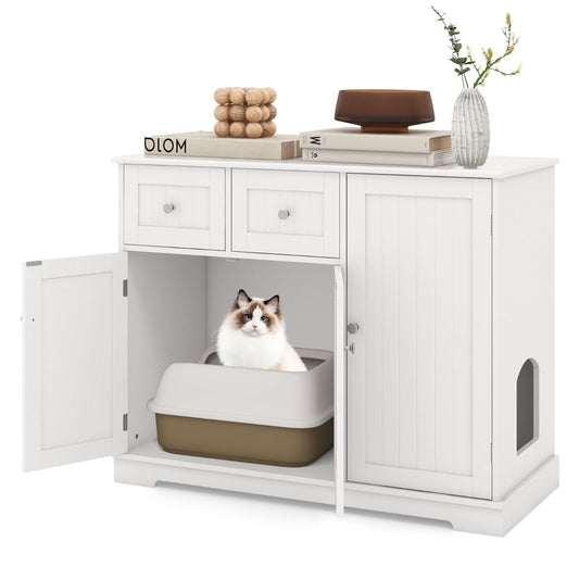 Coast Verborgen Kattenbakkast - wit -  100 x 45 x 80 cm - Houten kattenmeubel met opbergruimte en lades