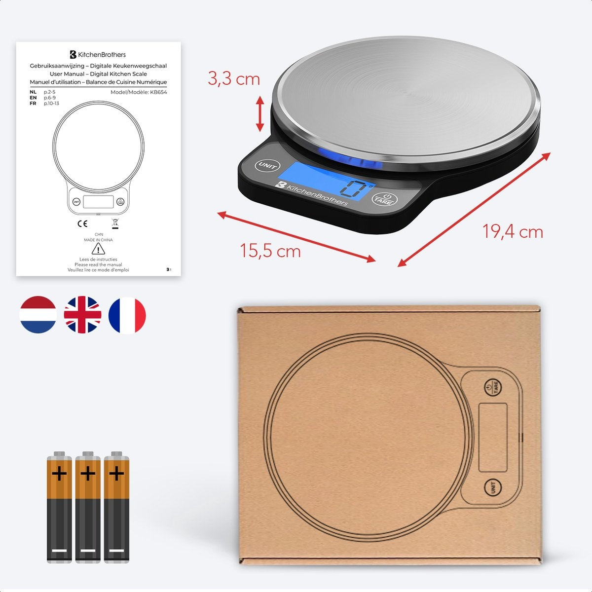 KitchenBrothers Keukenweegschaal - Weegschaal Keuken Digitaal - 1 g tot 6 kg - Tarra Functie - Inclusief Batterijen - RVS/Zwart