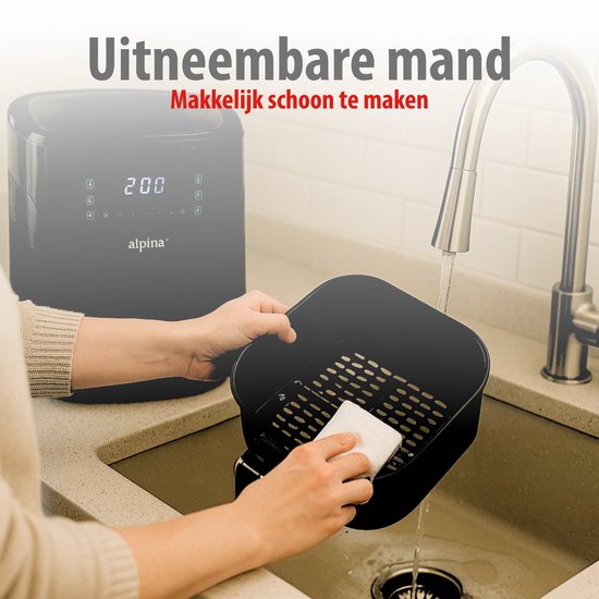 alpina Airfryer XL - Heteluchtfriteuse 6L - Air Fryer 2 tot 5 Personen - Heteluchtoven met Digitaal Touchscreen - Instelbare Temperatuur 80 tot 200 Graden - Timer Functie - 8 Kookprogramma's