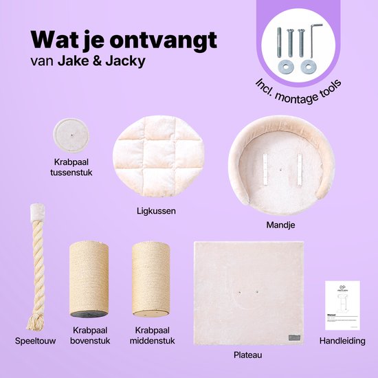 Jake en Jacky Krabpaal voor Grote Katten met Mand - Met Speeltouw - Naturel/Crème - 57x57x90 cm - Ø Sisal Krabpaal 20 cm