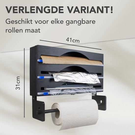Foliehouder - met Ophangsysteem en Foliesnijder - Rollenhouder - Foliesnijder - Geschikt voor 3 Rollen Folie - Bamboe - Foliedispenser - Zwart - Nimma