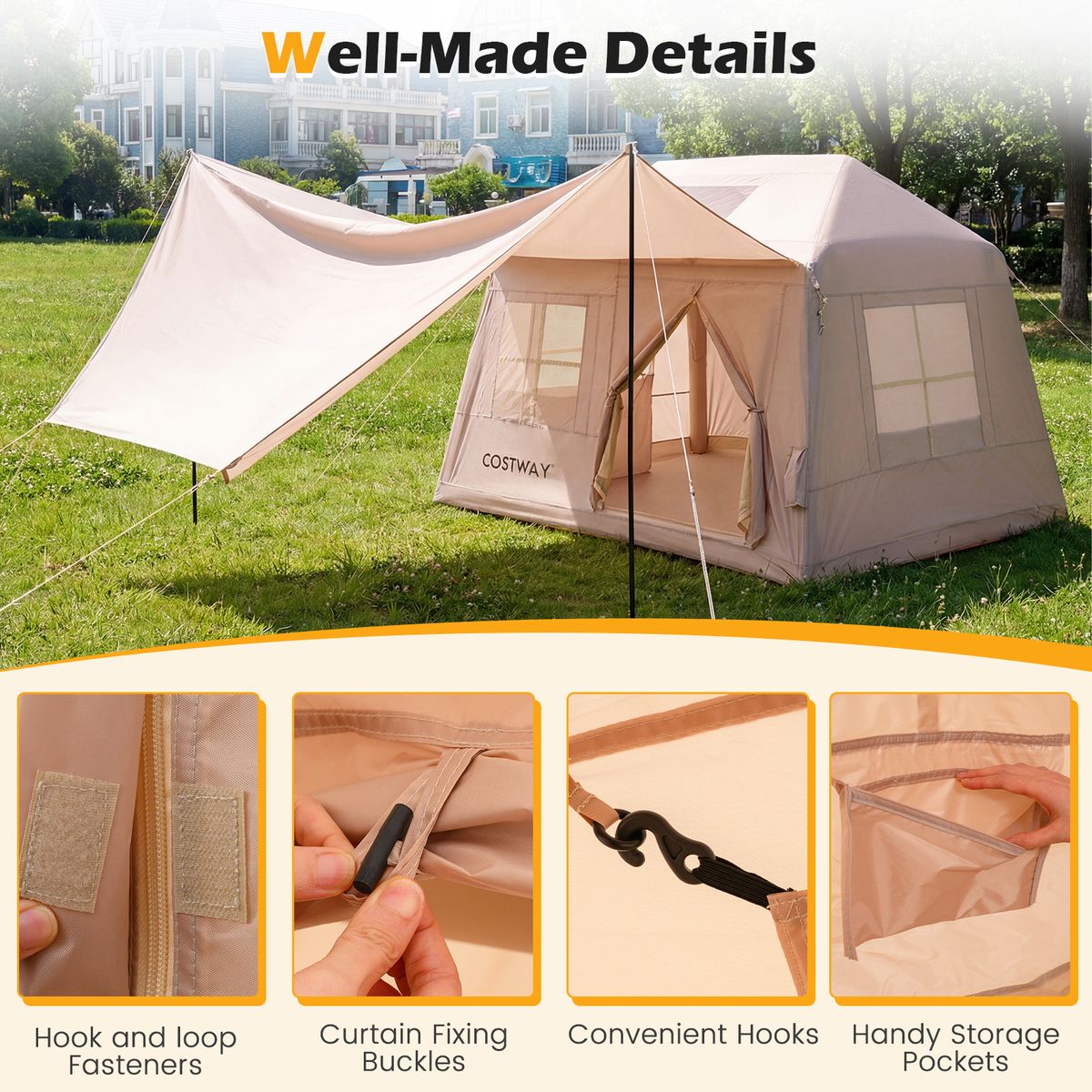 Coast Opblaasbare Campingtent - geschikt voor 4-6 personen - snel op te zetten - khaki 253 x 213 x 183 cm