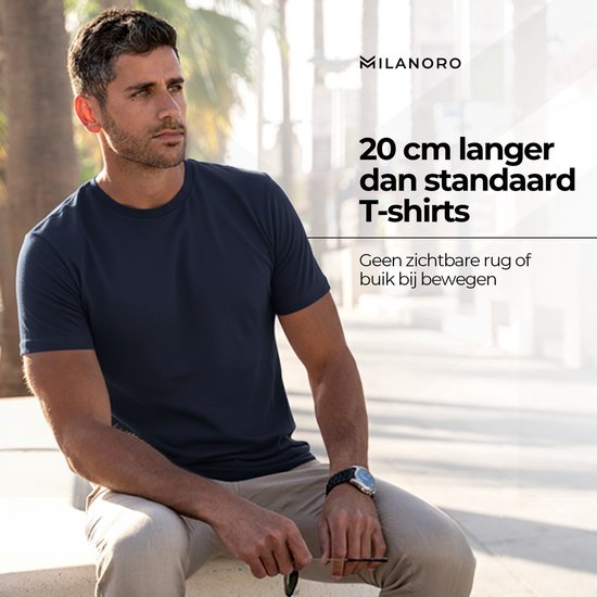Milanoro - 4-pack extra lange katoenen T-shirts - Navy - Ronde hals - S