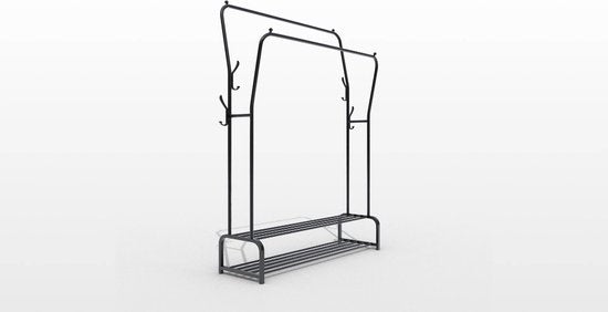 Avalo Industrieel Kledingrek Dubbele Stang - Metaal - 110x33x150 CM - Zwart - Opbergruimte Voor Schoenen - Garderoberek Met Haken