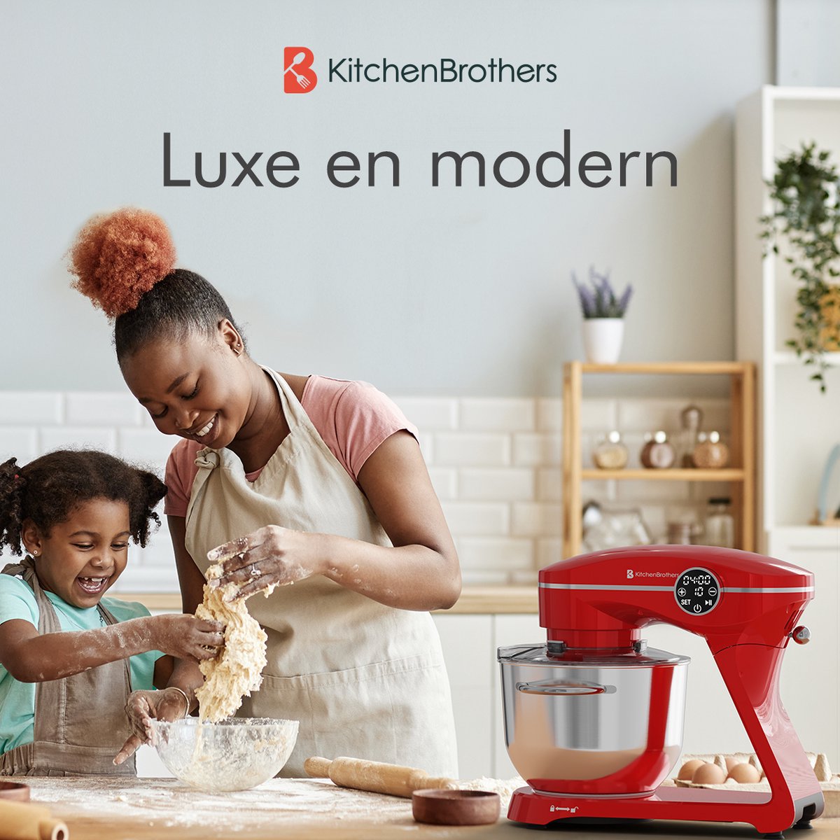 KitchenBrothers Keukenmachine - Touch Display en Timer - Keukenrobot - 6L - 1800W - Aluminium - Rood